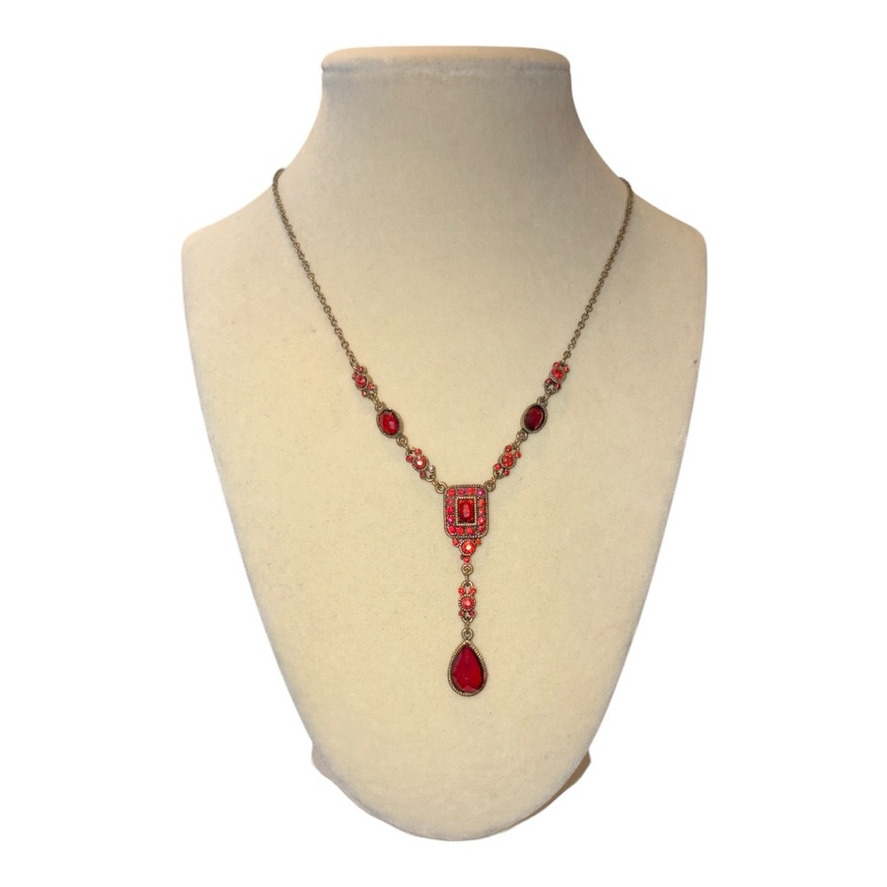 Red jeweled Victorian style lariat delicate drop chain necklace & earrings JB4